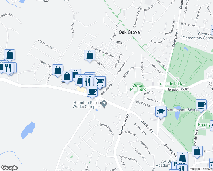 map of restaurants, bars, coffee shops, grocery stores, and more near 46021 Caraway Terrace in Sterling