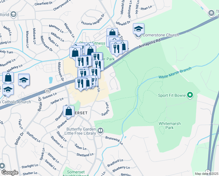 map of restaurants, bars, coffee shops, grocery stores, and more near 3220 Scarlet Oak Terrace in Bowie