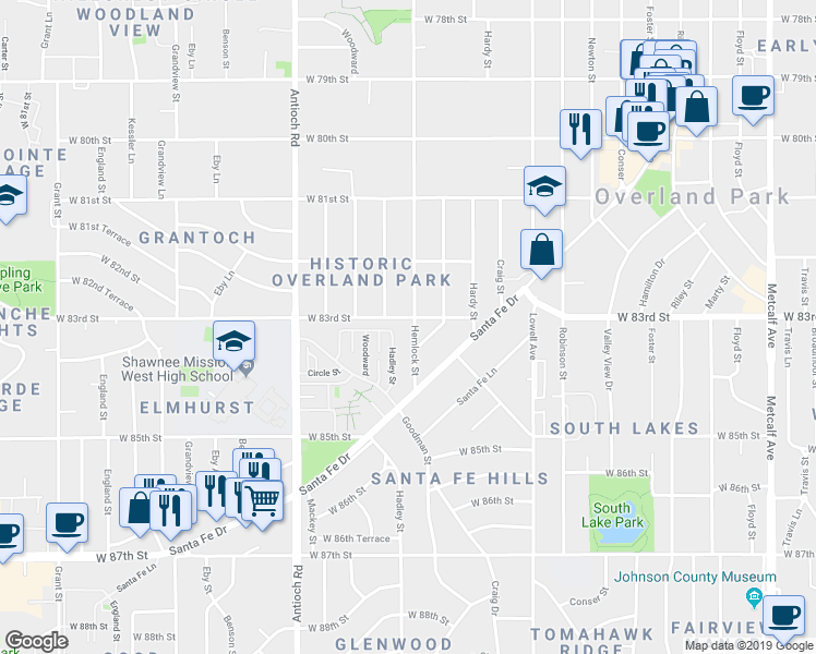 map of restaurants, bars, coffee shops, grocery stores, and more near 8302 Hemlock Street in Overland Park