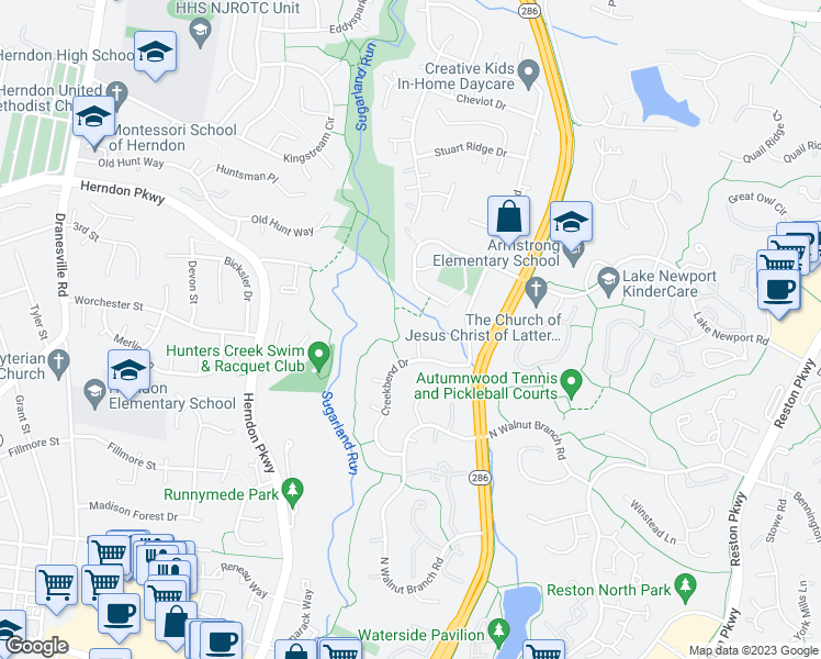 map of restaurants, bars, coffee shops, grocery stores, and more near 12016 Creekbend Drive in Reston