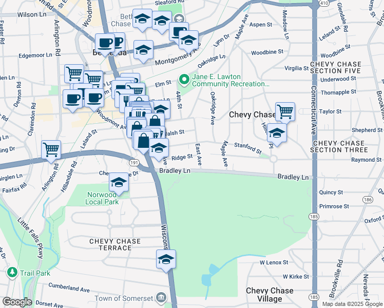 map of restaurants, bars, coffee shops, grocery stores, and more near 4427 Ridge Street in Chevy Chase