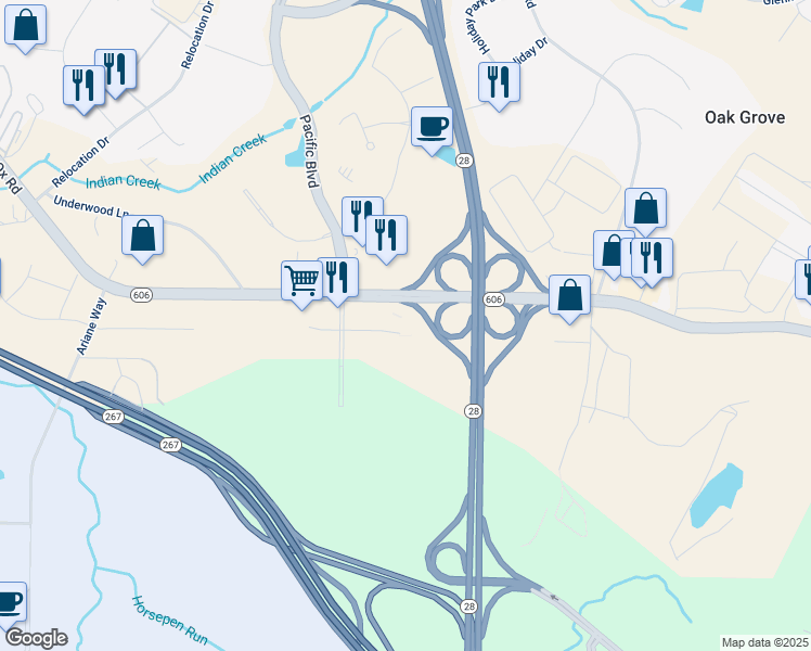 map of restaurants, bars, coffee shops, grocery stores, and more near 45350 Catalina Court in Sterling