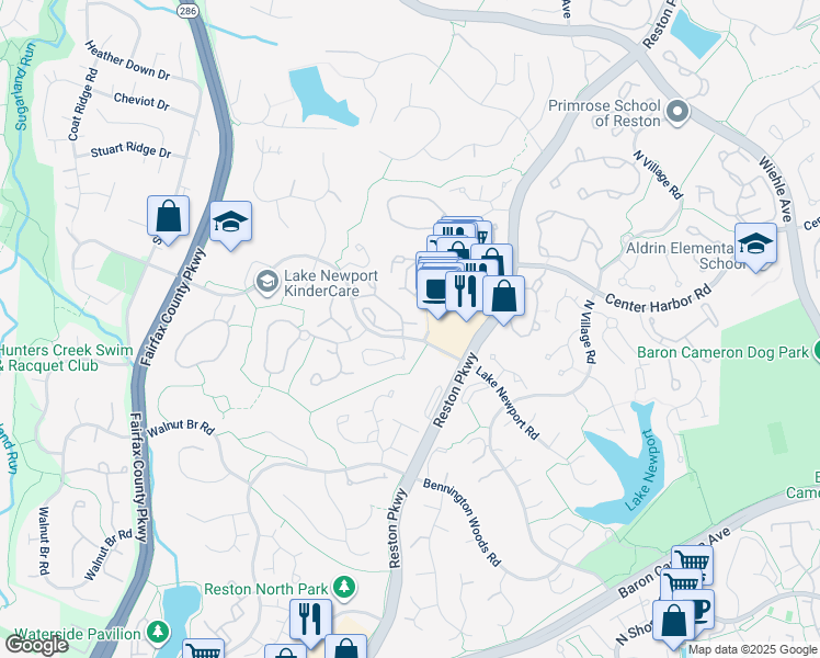 map of restaurants, bars, coffee shops, grocery stores, and more near 11741 Summerchase Circle in Reston