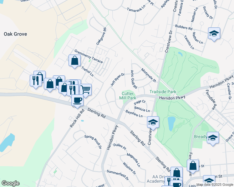 map of restaurants, bars, coffee shops, grocery stores, and more near 1420 Bayshire Lane in Herndon