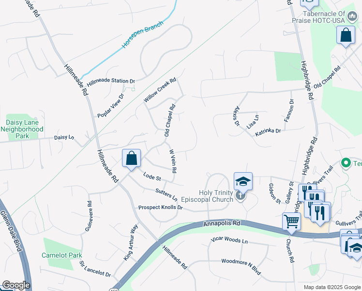 map of restaurants, bars, coffee shops, grocery stores, and more near 6404 Homestake Drive South in Bowie
