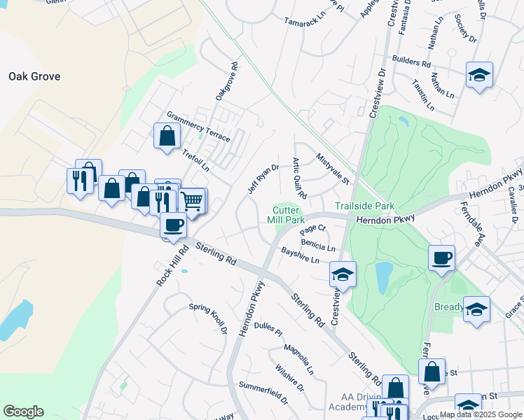 map of restaurants, bars, coffee shops, grocery stores, and more near 1420 Bayshire Lane in Herndon