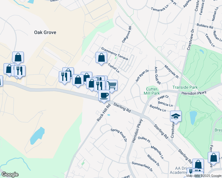map of restaurants, bars, coffee shops, grocery stores, and more near 23138 Blackthorn Square in Sterling