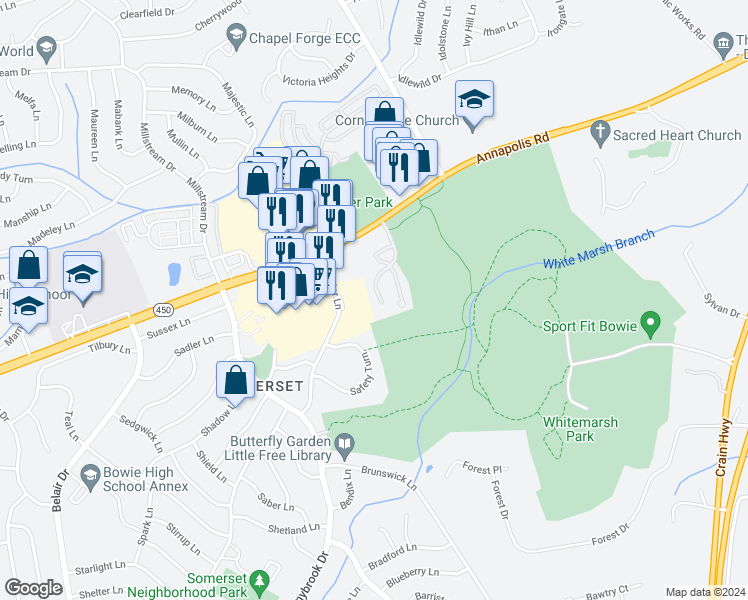 map of restaurants, bars, coffee shops, grocery stores, and more near 3220 Scarlet Oak Terrace in Bowie