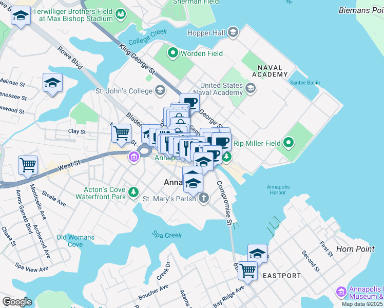 map of restaurants, bars, coffee shops, grocery stores, and more near 39 Cornhill Street in Annapolis