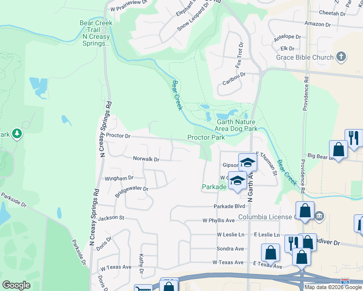 map of restaurants, bars, coffee shops, grocery stores, and more near 605 Proctor Drive in Columbia