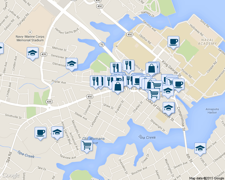 map of restaurants, bars, coffee shops, grocery stores, and more near 63 West St in Annapolis