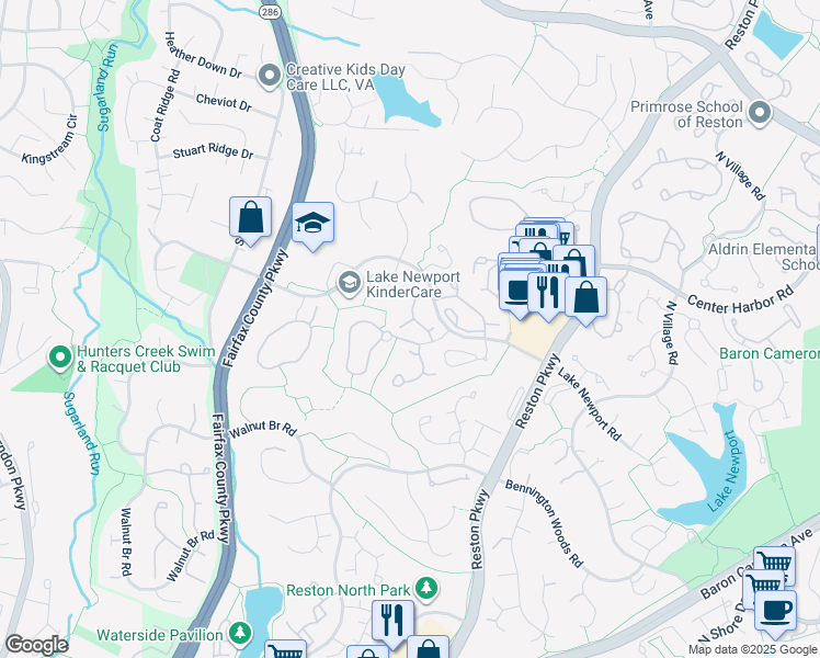 map of restaurants, bars, coffee shops, grocery stores, and more near 1578 Woodcrest Drive in Reston