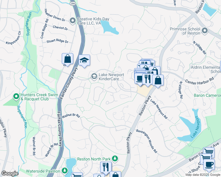 map of restaurants, bars, coffee shops, grocery stores, and more near 1578 Woodcrest Drive in Reston