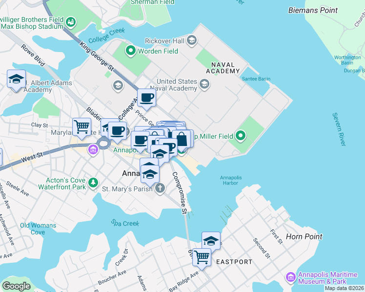 map of restaurants, bars, coffee shops, grocery stores, and more near 126 Prince George Street in Annapolis