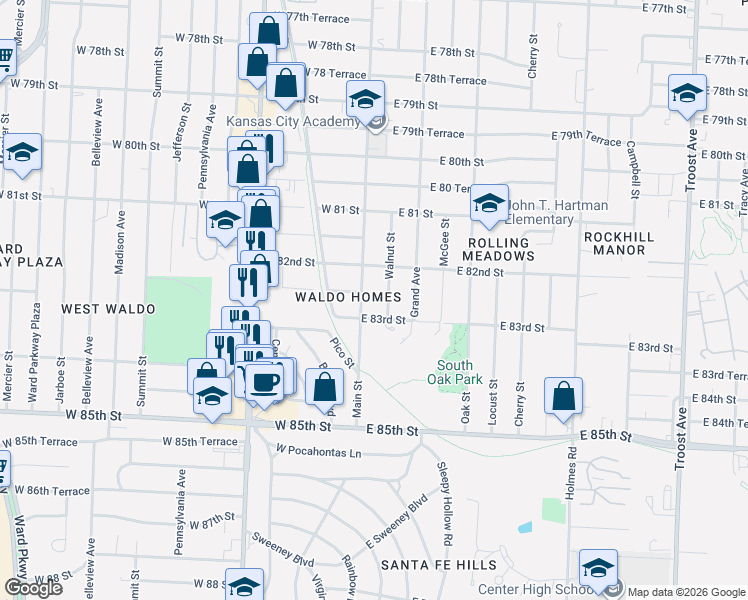 map of restaurants, bars, coffee shops, grocery stores, and more near 8231 Main Street in Kansas City