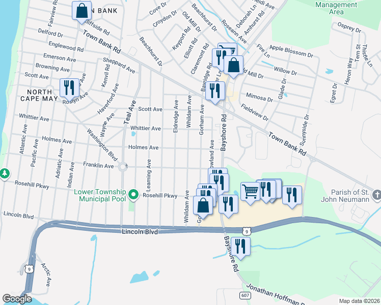 map of restaurants, bars, coffee shops, grocery stores, and more near 404 Gorham Avenue in North Cape May