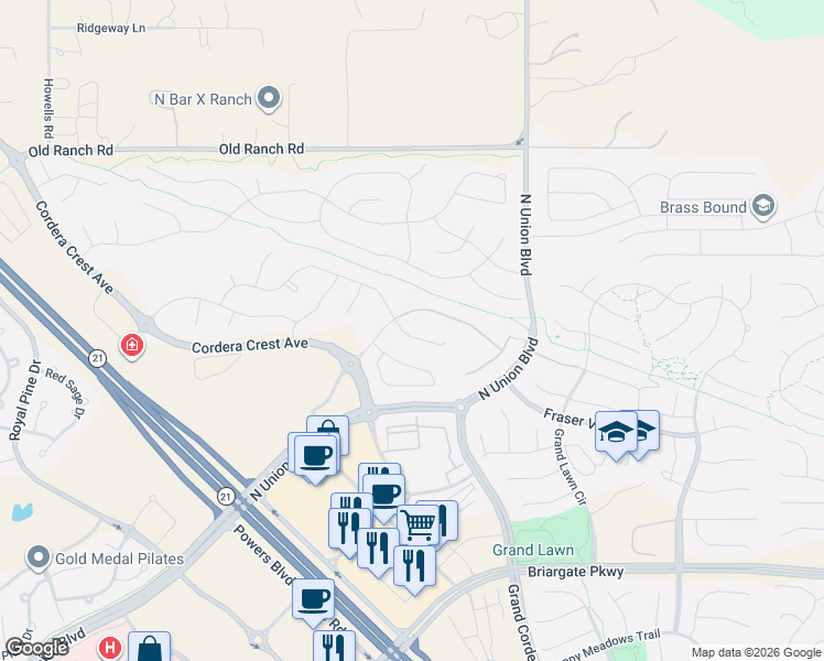 map of restaurants, bars, coffee shops, grocery stores, and more near 4620 Outlook Ridge Trail in Colorado Springs