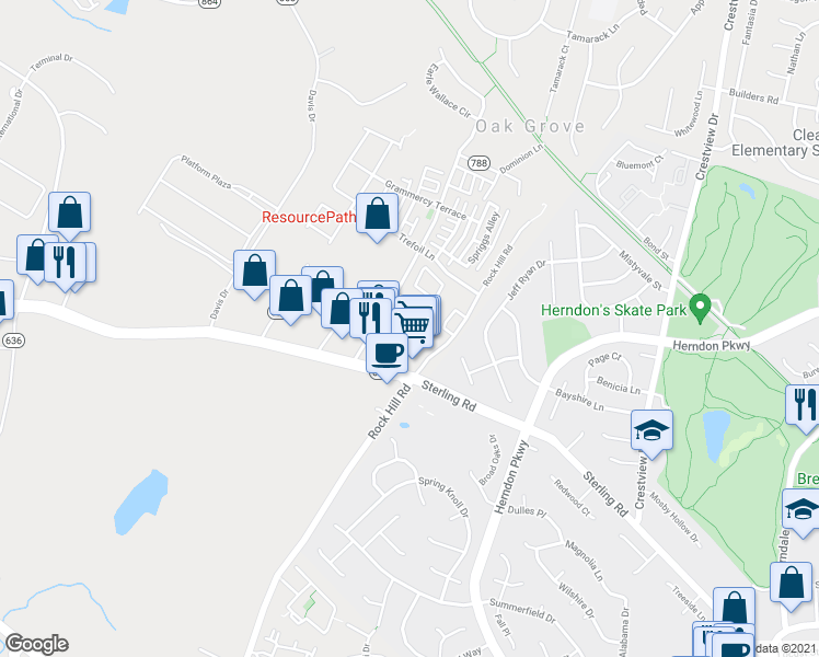 map of restaurants, bars, coffee shops, grocery stores, and more near 23142 Blackthorn Square in Sterling