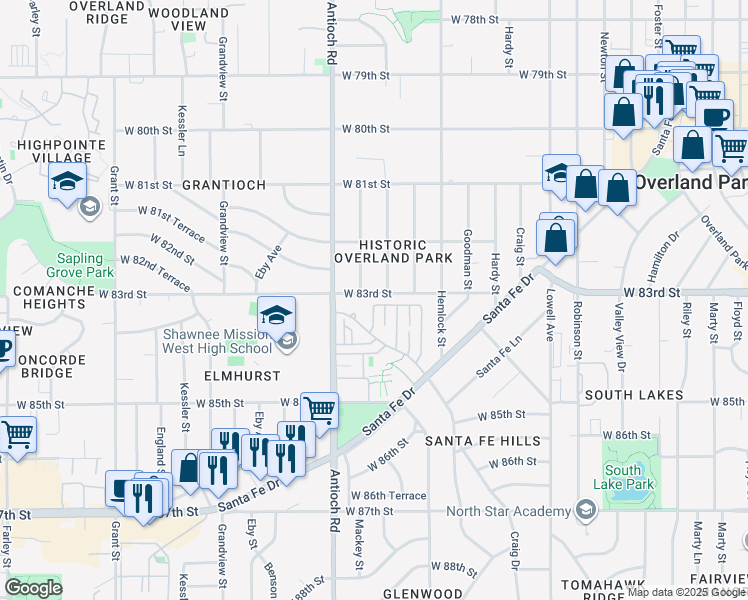 map of restaurants, bars, coffee shops, grocery stores, and more near 8232 Woodward in Overland Park
