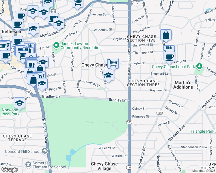 map of restaurants, bars, coffee shops, grocery stores, and more near 4015 Rosemary Street in Chevy Chase