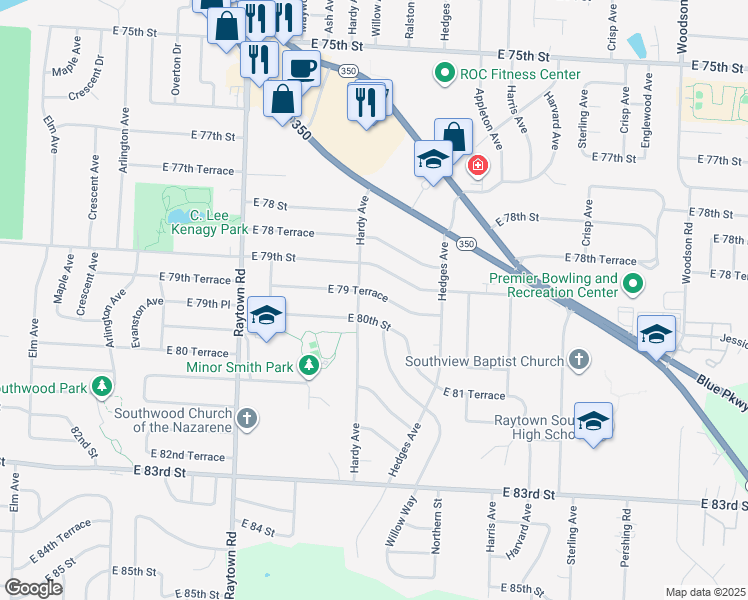 map of restaurants, bars, coffee shops, grocery stores, and more near 7905 Hardy Avenue in Raytown