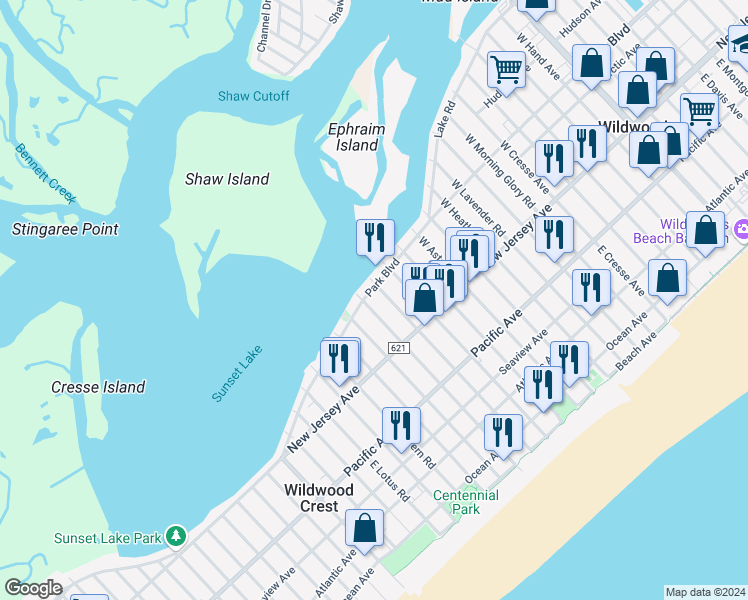 map of restaurants, bars, coffee shops, grocery stores, and more near 6307 Park Boulevard in Wildwood Crest