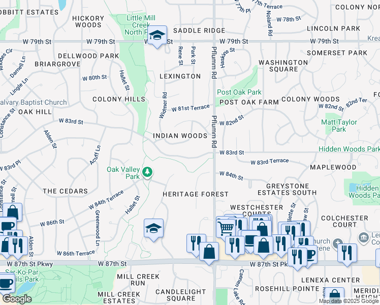 map of restaurants, bars, coffee shops, grocery stores, and more near 8237 Park Street in Lenexa