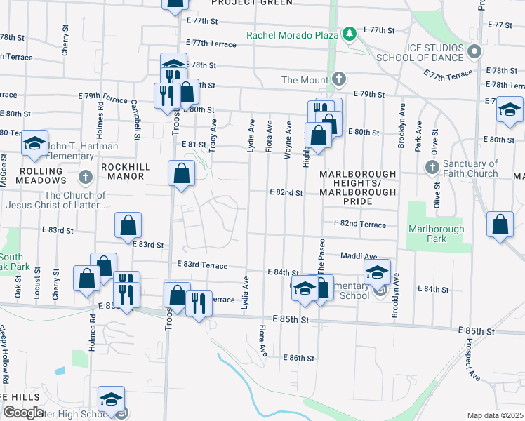 map of restaurants, bars, coffee shops, grocery stores, and more near 8226 Flora Avenue in Kansas City
