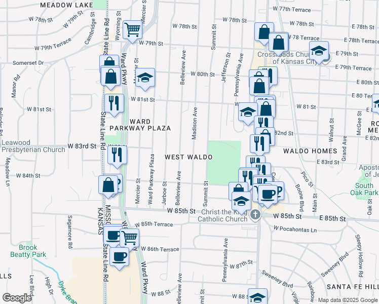 map of restaurants, bars, coffee shops, grocery stores, and more near 8219 Madison Avenue in Kansas City