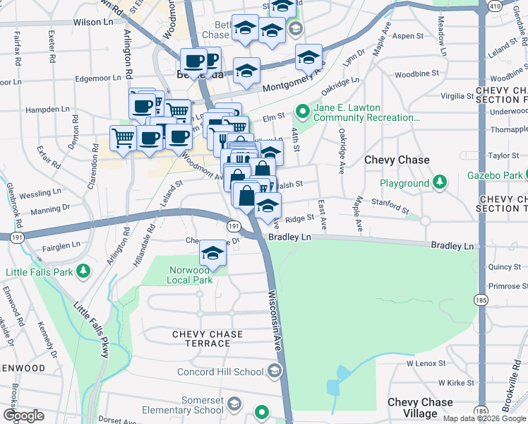 map of restaurants, bars, coffee shops, grocery stores, and more near 6831 Wisconsin Avenue in Chevy Chase