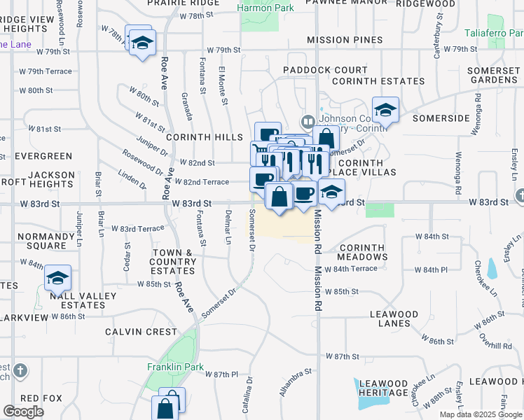 map of restaurants, bars, coffee shops, grocery stores, and more near 4200 W 83rd St in Prairie Village