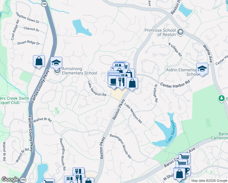 map of restaurants, bars, coffee shops, grocery stores, and more near 1480 North Point Village Center in Reston