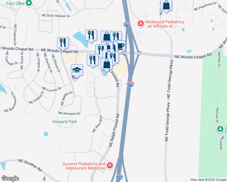 map of restaurants, bars, coffee shops, grocery stores, and more near 3620 Northeast Ralph Powell Road in Lee's Summit