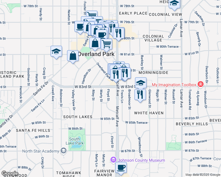 map of restaurants, bars, coffee shops, grocery stores, and more near in Overland Park