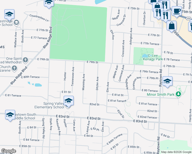 map of restaurants, bars, coffee shops, grocery stores, and more near 8000 Ditzler Avenue in Raytown