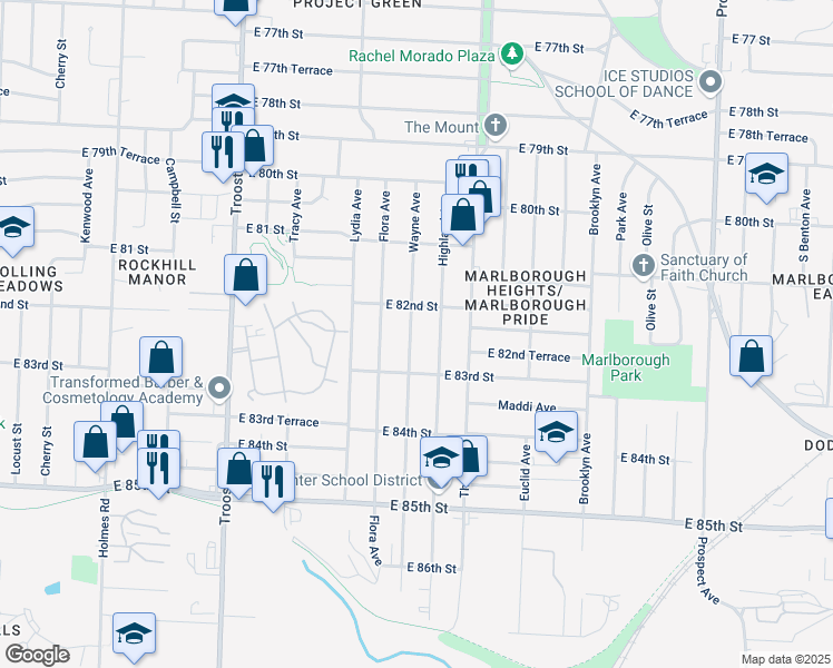 map of restaurants, bars, coffee shops, grocery stores, and more near 8219 Wayne Avenue in Kansas City