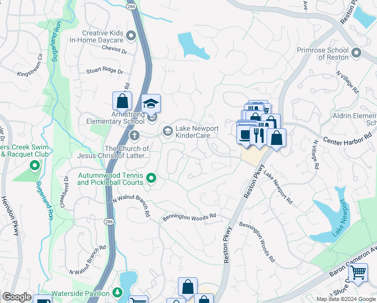 map of restaurants, bars, coffee shops, grocery stores, and more near 1570 Woodcrest Drive in Reston