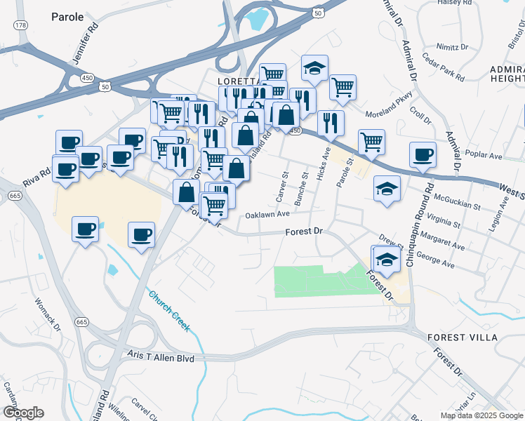 map of restaurants, bars, coffee shops, grocery stores, and more near 408 Oaklawn Avenue in Annapolis