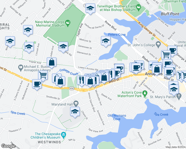 map of restaurants, bars, coffee shops, grocery stores, and more near 17 Hill Street in Annapolis