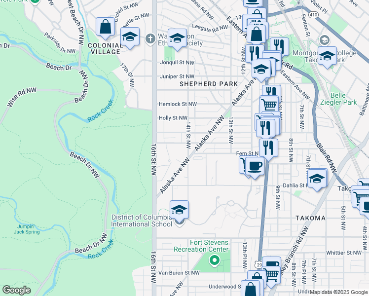 map of restaurants, bars, coffee shops, grocery stores, and more near 7322 14th Street Northwest in Washington
