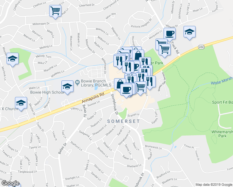 map of restaurants, bars, coffee shops, grocery stores, and more near 3233 Stonybrook Drive in Bowie