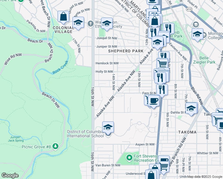 map of restaurants, bars, coffee shops, grocery stores, and more near 7322 14th Street Northwest in Washington