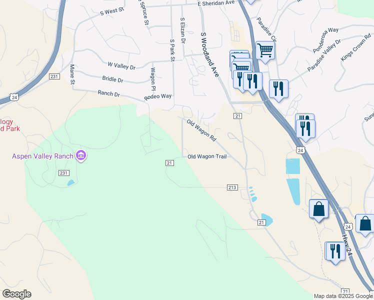 map of restaurants, bars, coffee shops, grocery stores, and more near 1016 Old Wagon Trail in Woodland Park