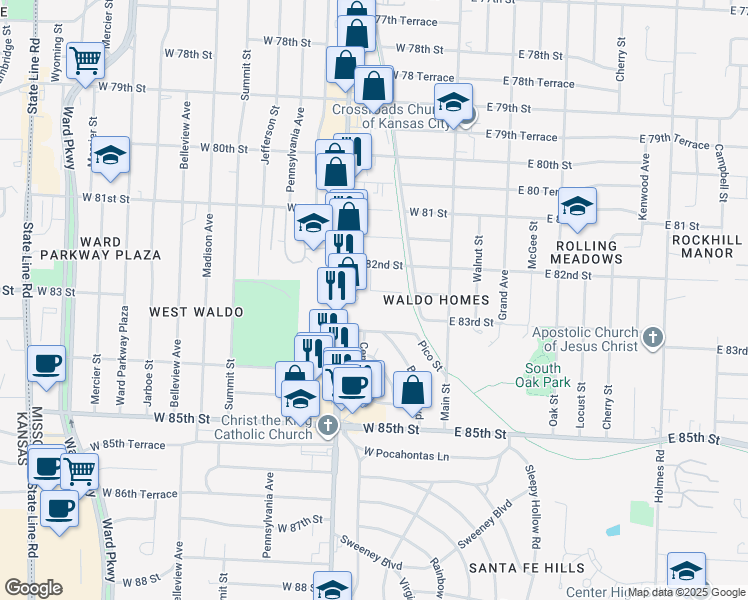 map of restaurants, bars, coffee shops, grocery stores, and more near 218 West 82 Terrace in Kansas City