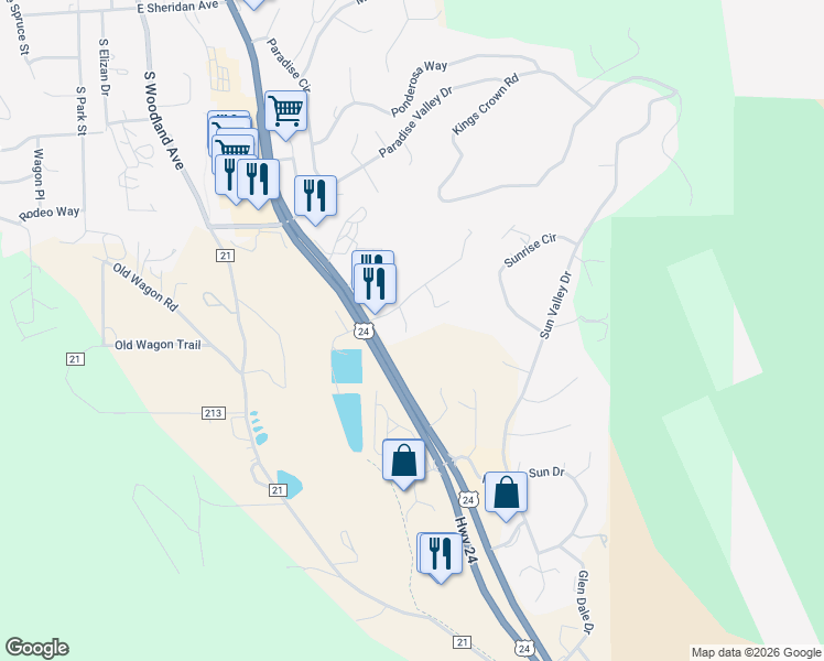 map of restaurants, bars, coffee shops, grocery stores, and more near 233 Elk Grove Lane in Woodland Park