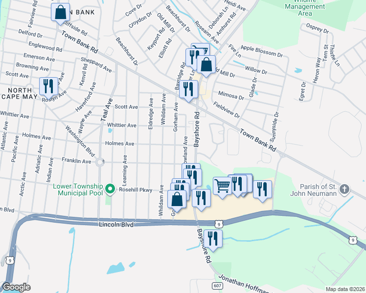 map of restaurants, bars, coffee shops, grocery stores, and more near 407 Howland Avenue in Lower Township