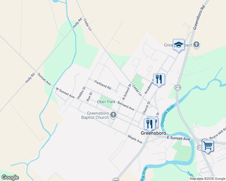 map of restaurants, bars, coffee shops, grocery stores, and more near 103 Parkland Road in Greensboro