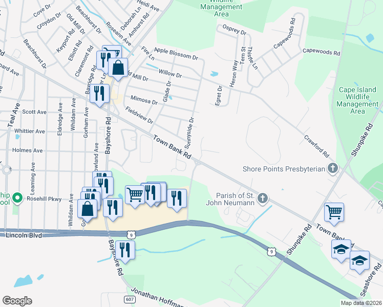 map of restaurants, bars, coffee shops, grocery stores, and more near 6 Sunnyside Drive in North Cape May