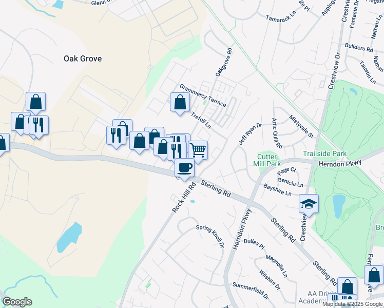 map of restaurants, bars, coffee shops, grocery stores, and more near 23152 Blackthorn Square in Sterling