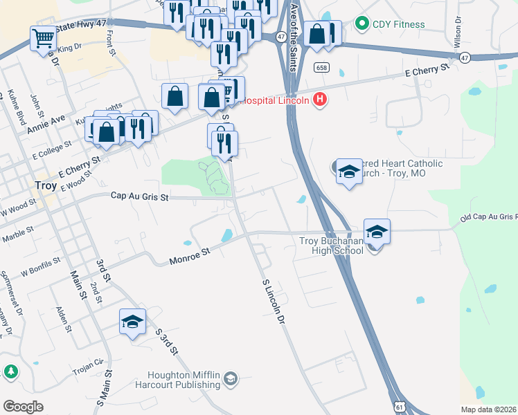 map of restaurants, bars, coffee shops, grocery stores, and more near 8 Friendship Court in Troy